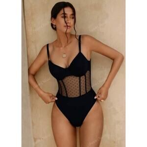 Shein Black Chiccia Beach Contrats Mesh Underwire One-Piece Swimsuit, M